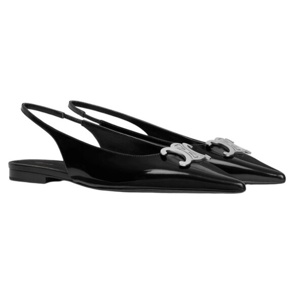 CELINE Alma Triomphe Logo Glossy Leather Flat Slingback Sandals Shoes - Picture 1 of 14